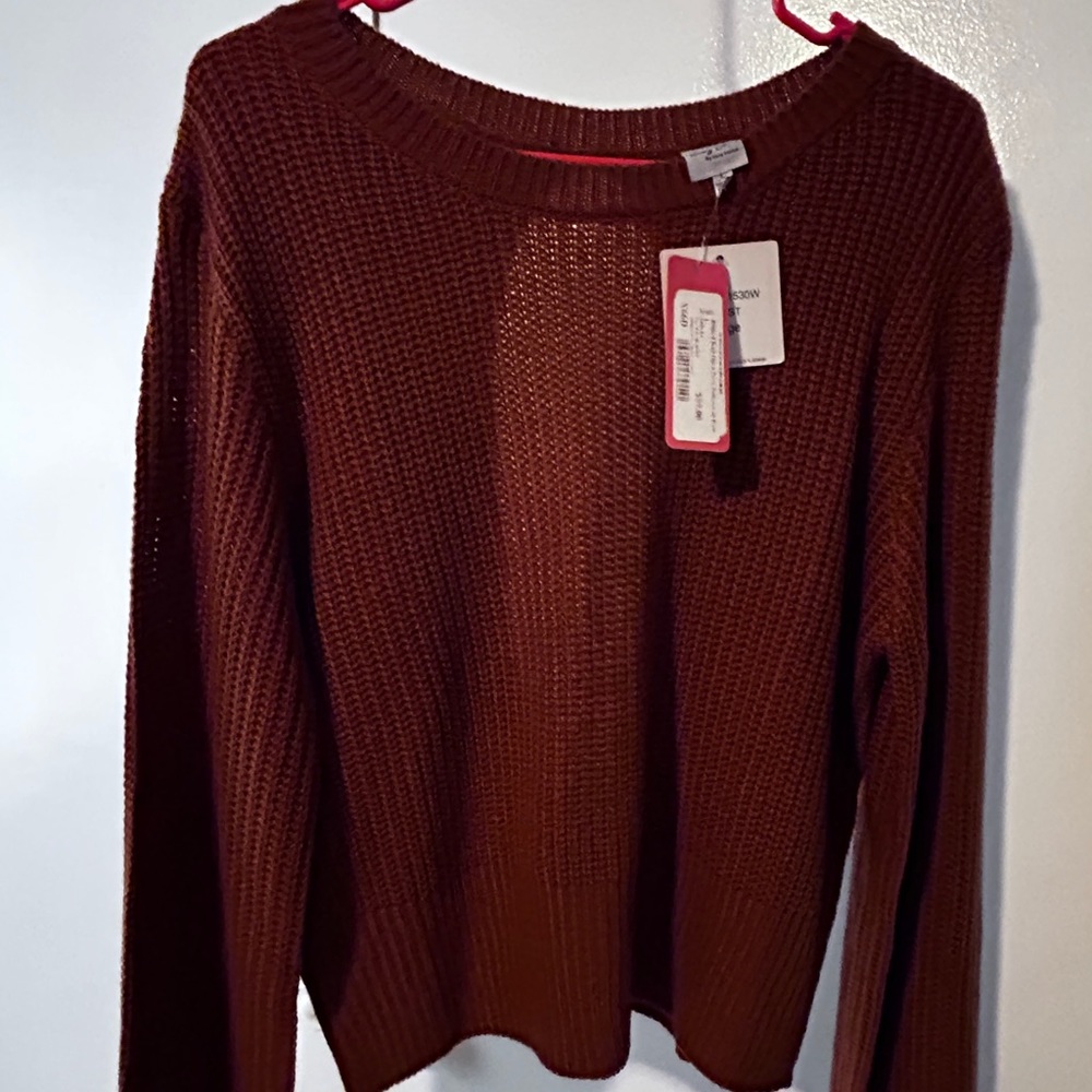 Rust colored ribbed knit open back pullover